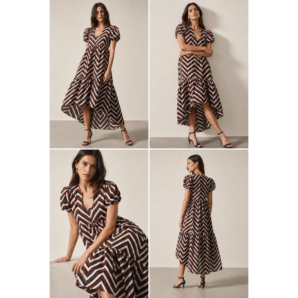 Never A Wallflower Chevron Stripe Midi Dress S Brown Black Cotton Pockets $345
